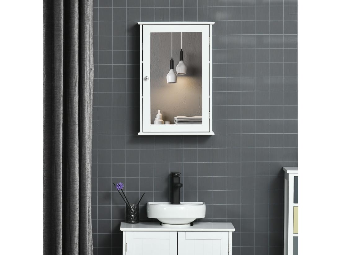 Vente Unique Armoire Murale De Salle De Bain Avec Miroir - Armoire à Glace - Placard De Rangement Toilettes - 1 Porte 2 étagères - Verre MDF Blanc