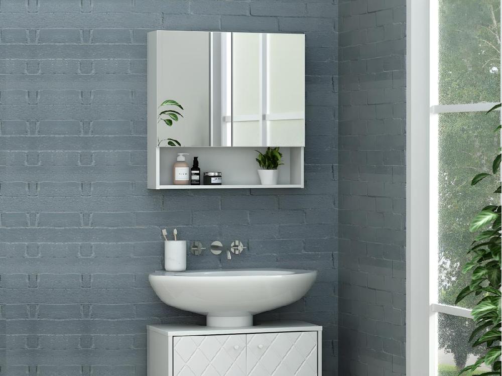 vente unique Armoire murale de salle de bain avec miroir et niche - Blanc - ZUMPA