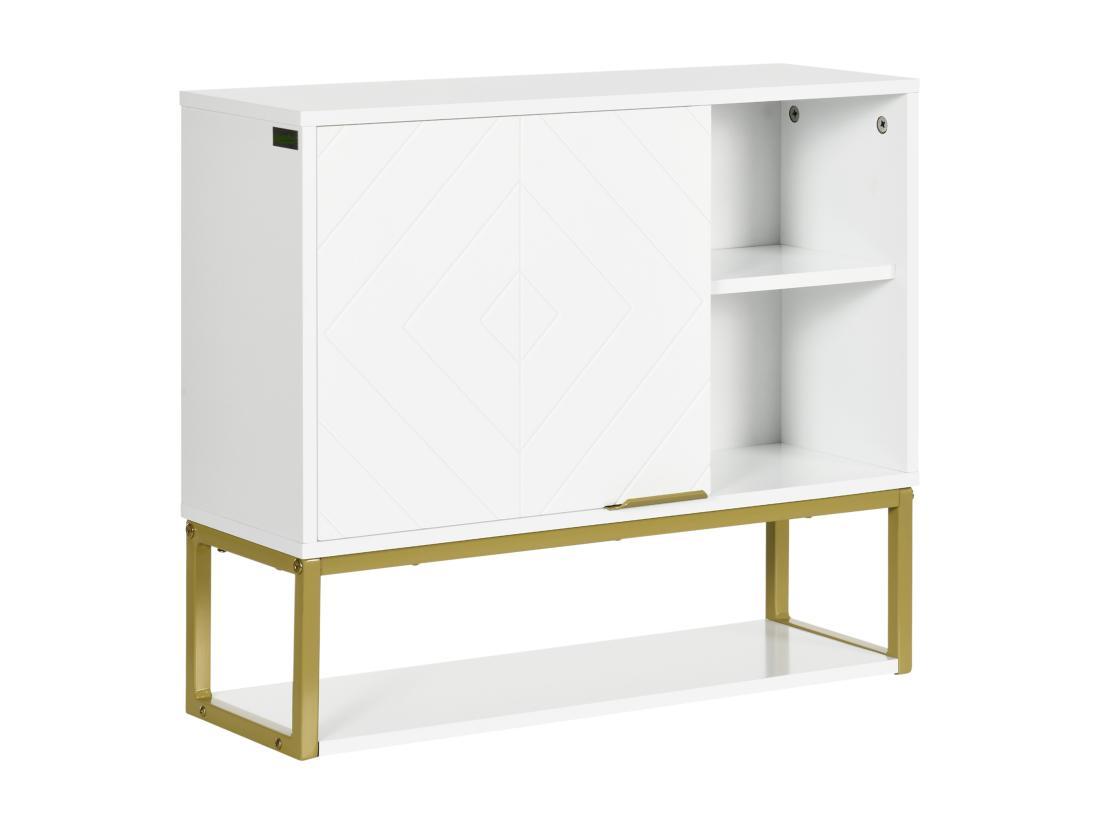 Vente Unique Armoire Murale De Salle De Bain - Porte 2 étagères 2 Niches - Acier Doré MDF Blanc