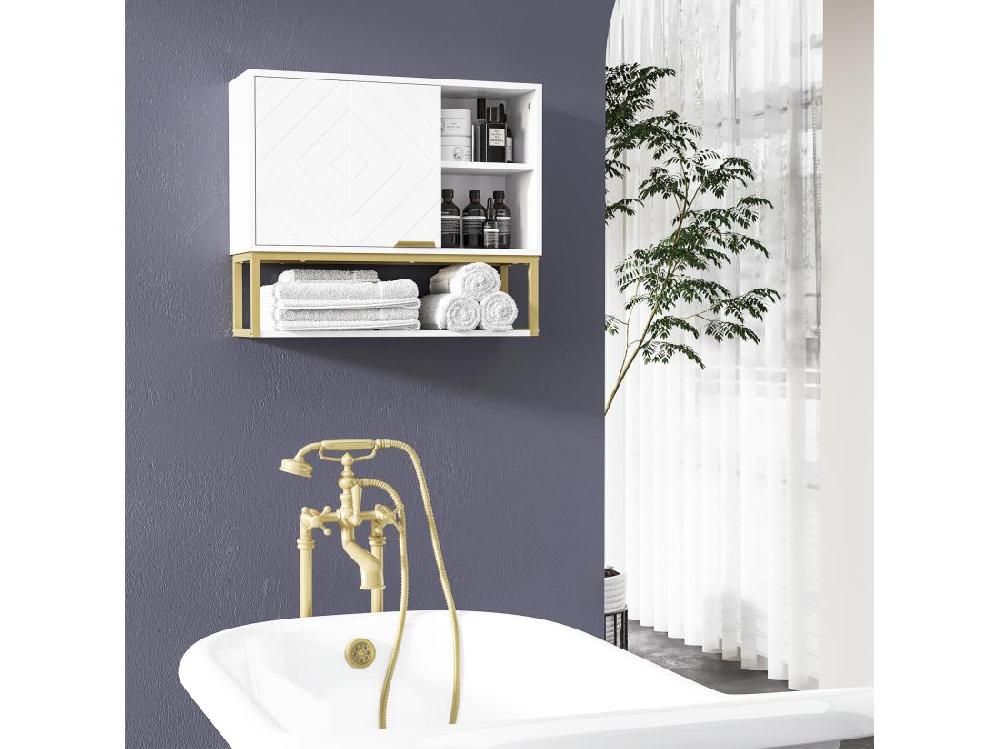 vente unique Armoire murale de salle de bain - porte 2 étagères 2 niches - acier doré MDF blanc