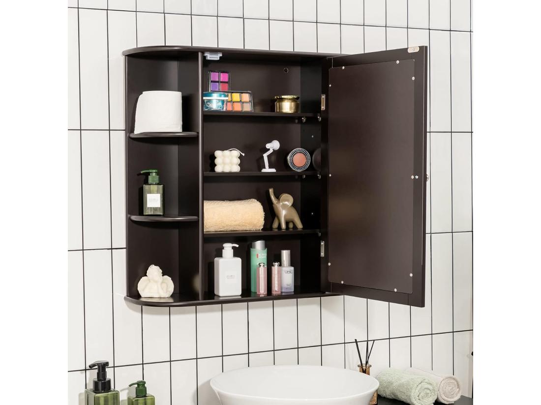 Vente Unique Armoire Murale De Salle De Bains Avec Miroir Avec Etagères Réglables Et Compartiments Ouverts Armoire à Pharmacie
