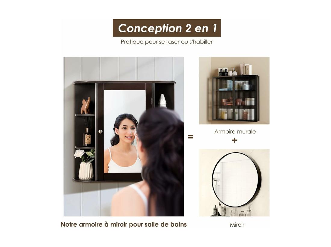 Vente Unique Armoire Murale De Salle De Bains Avec Miroir Avec Etagères Réglables Et Compartiments Ouverts Armoire à Pharmacie