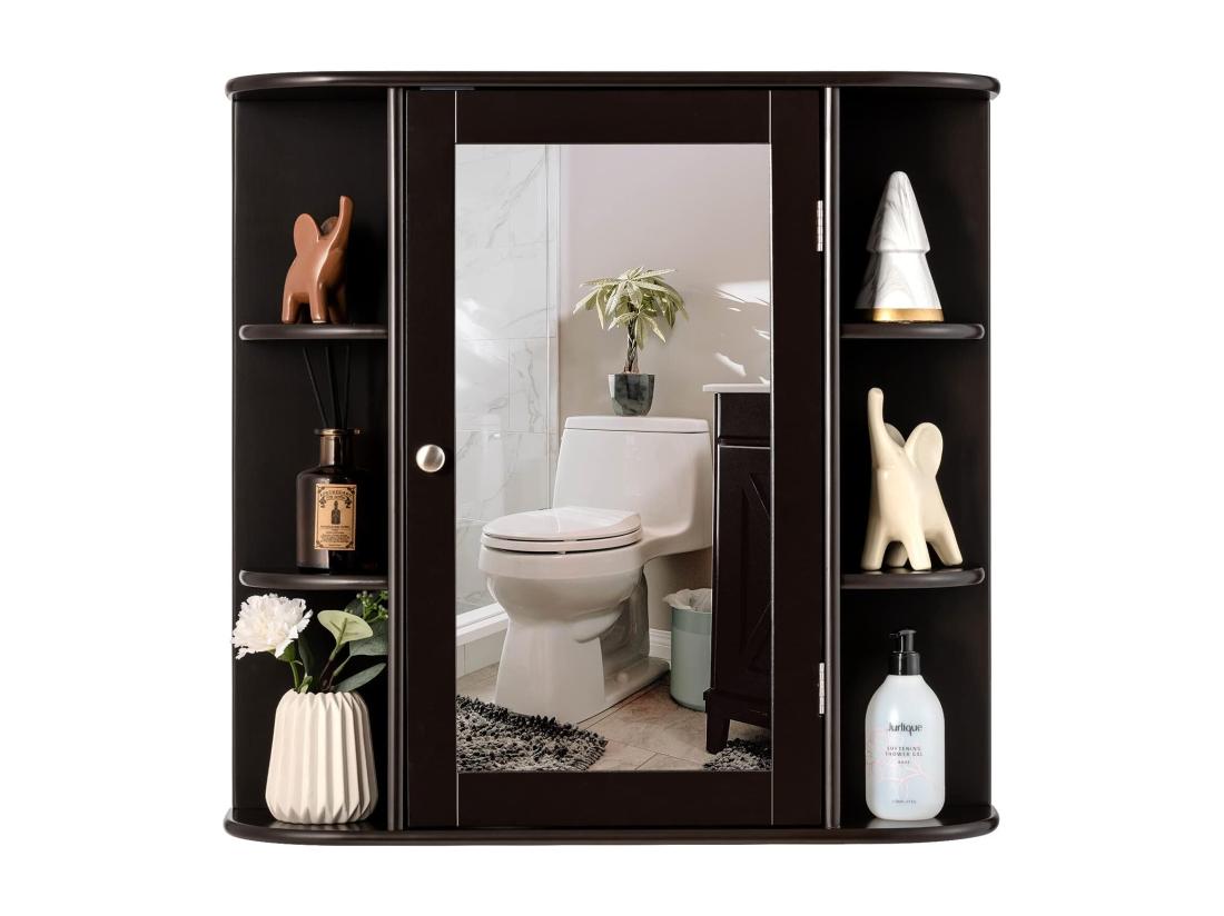 vente unique Armoire murale de salle de bains avec miroir avec etagères réglables et compartiments ouverts armoire à pharmacie