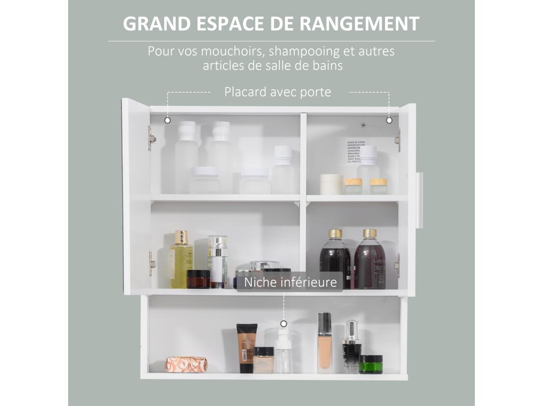 Vente Unique Armoire Murale Miroir De Salle De Bain - 2 Portes étagères Niche - Dim. 54L X 15 2l X 55 3H Cm - MDF Blanc