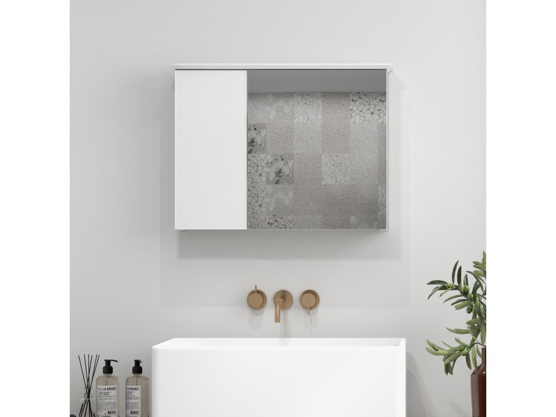 Vente Unique Armoire Murale Miroir Salle De Bain Design Contemporain 2 Portes étagères Dim. 65L X 15l X 49H Cm Blanc