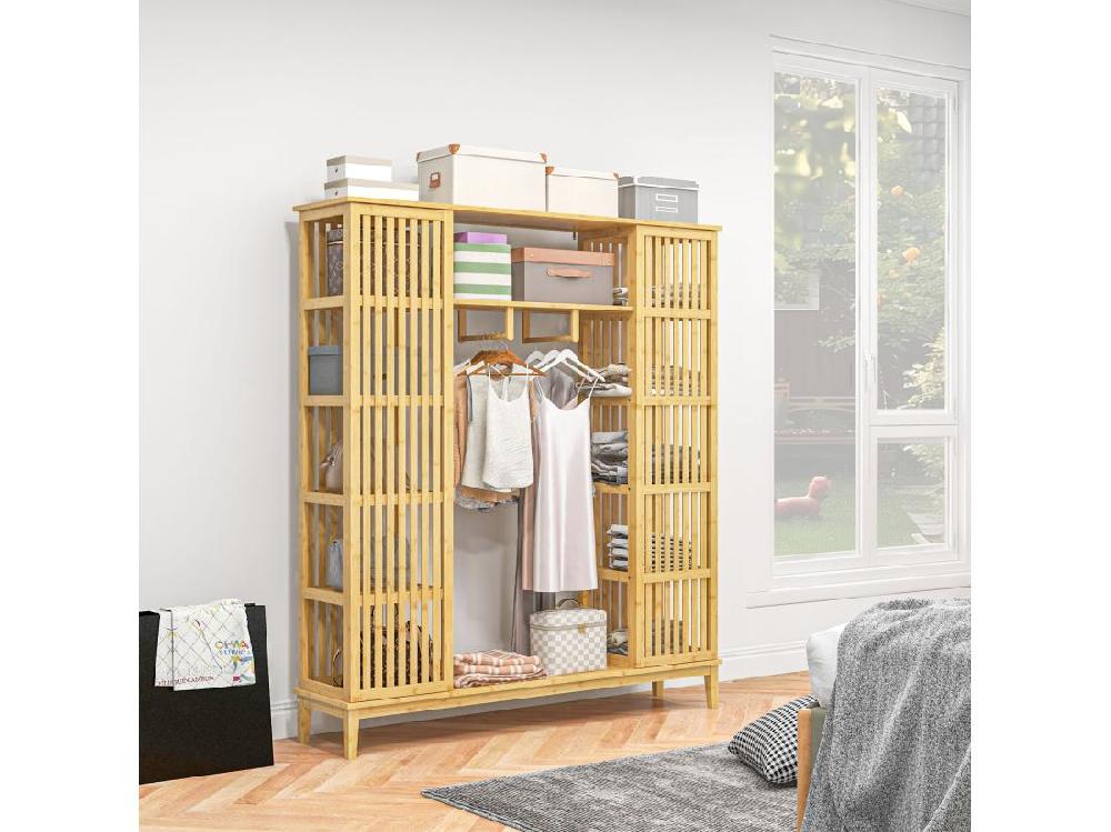 Vente Unique Armoire Penderie En Bambou - 2 Portes Coulissantes 7 étagères 2 Barres - Dim. 145L X 35l X 165Hcm