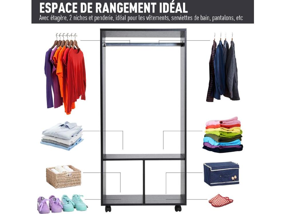 Vente Unique Armoire Penderie étagère 2 Niches Penderie 4 Roulettes Pivotantes Dim. 60L X 40l X 128H Cm Noir