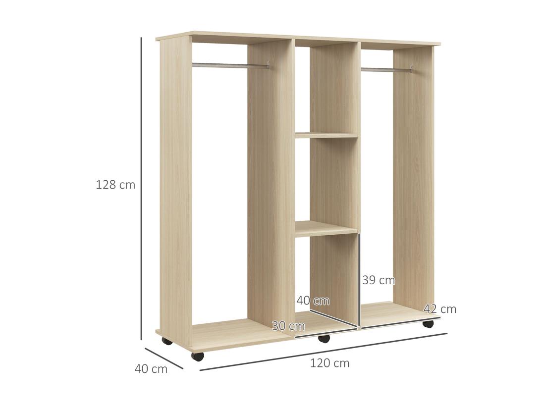 Vente Unique Armoire Penderie Meuble De Rangement Mobile 6 Roulettes 120L X 40l X 128H Cm Panneaux De Particules Aspect Bois Chêne