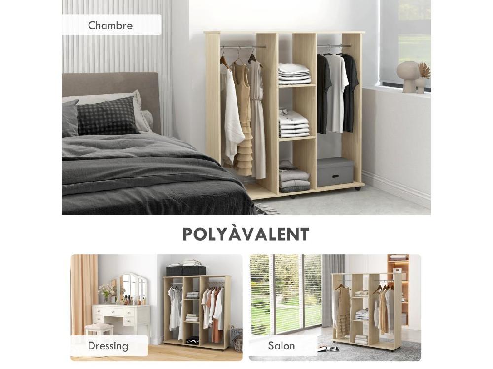 vente unique Armoire penderie meuble de rangement mobile 6 roulettes 120L x 40l x 128H cm panneaux de particules aspect bois chêne