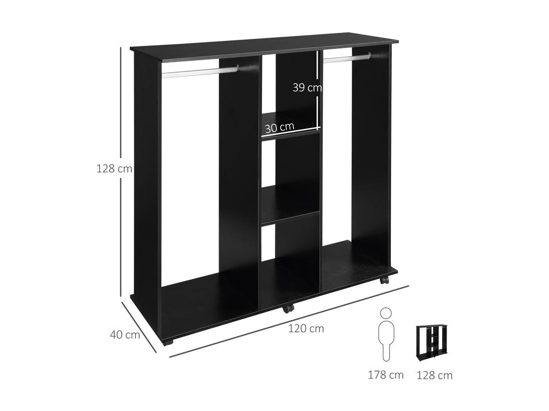 vente unique Armoire penderie meuble de rangement mobile 6 roulettes 120L x 40l x 128H cm panneaux de particules aspect bois noir