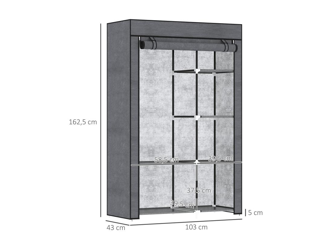 Vente Unique Armoire Penderie Multi-rangement - 6 étagères 1 Barre - Dim. 103L X 43l X 162 5H Cm - Acier Noir Non Tissé Gris