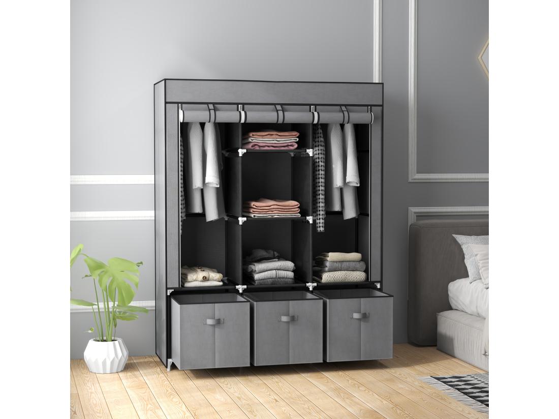 Vente Unique Armoire Penderie Pliable 5 étagères 2 Tringles 3 Tiroirs Tissu Gris