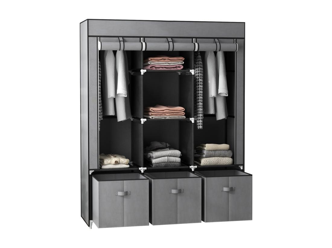 vente unique Armoire penderie pliable 5 étagères 2 tringles 3 tiroirs tissu gris