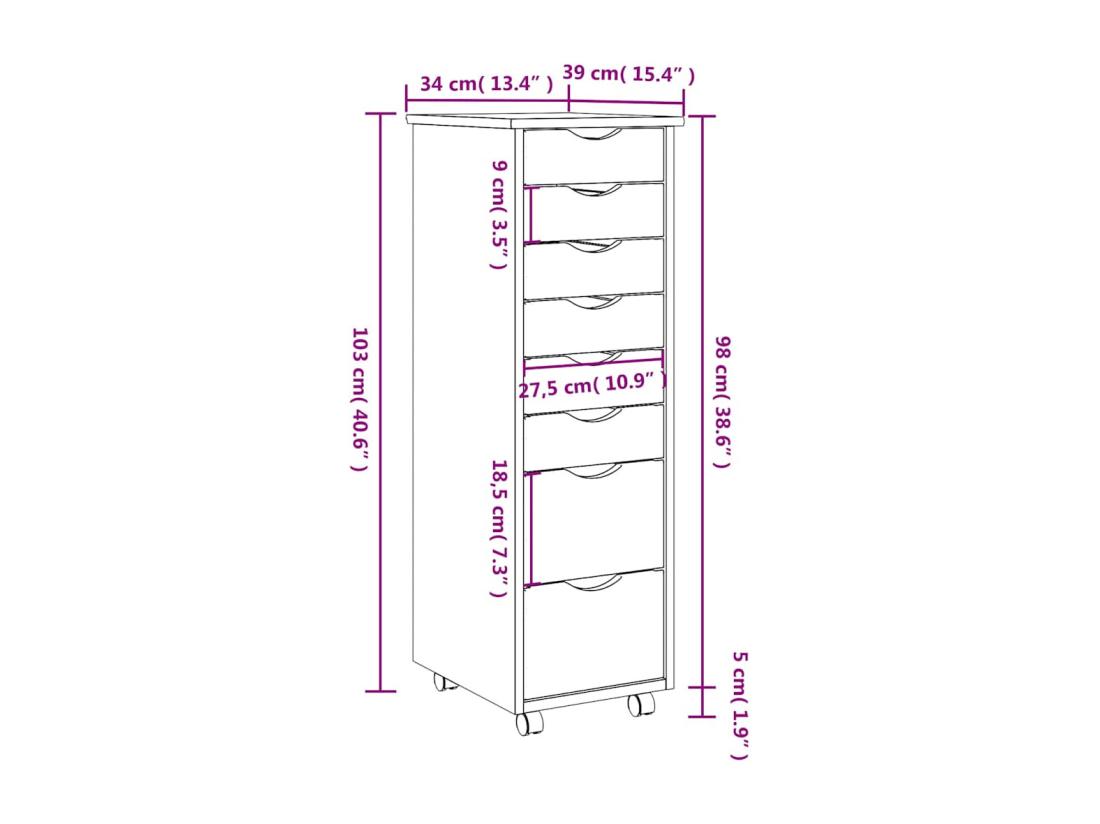 Vente Unique Armoire Roulante Avec Tiroirs MOSS Gris Bois De Pin Solide