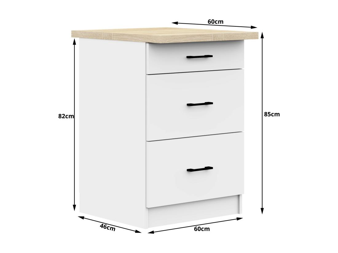 Vente Unique Armoires De Cuisine Basse AKORD S60 OLIWIA Blanc 60 Cm 3 Tiroirs Façade Blanche 60x46x85 Cm