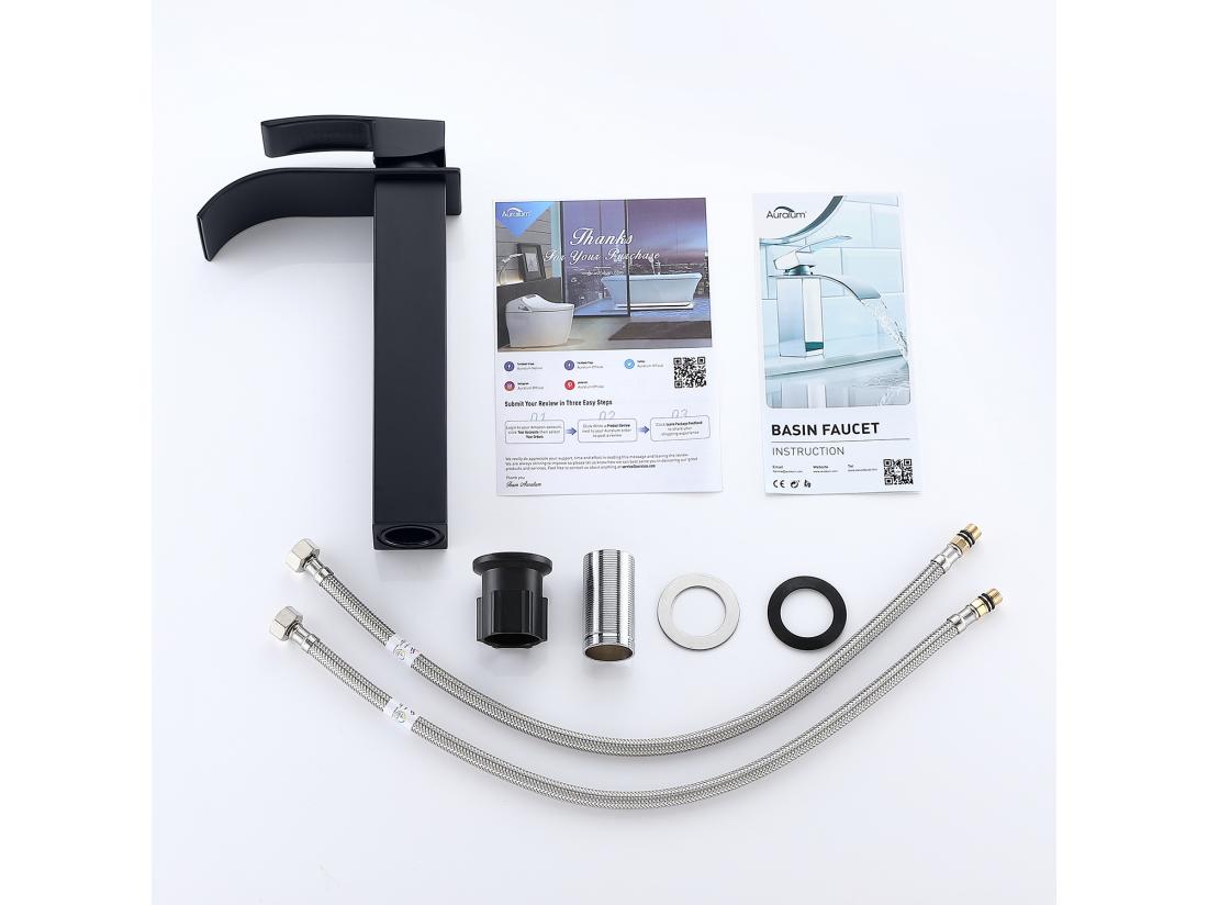 Vente Unique AuraLum Max 2PCS Mitigeur Robinet Lavabo Cascade Noir Moderne Mitigeur Robinet Salle Bain Pour Vasque à Poser Robinetterie Pour Lavabo EU Modèle