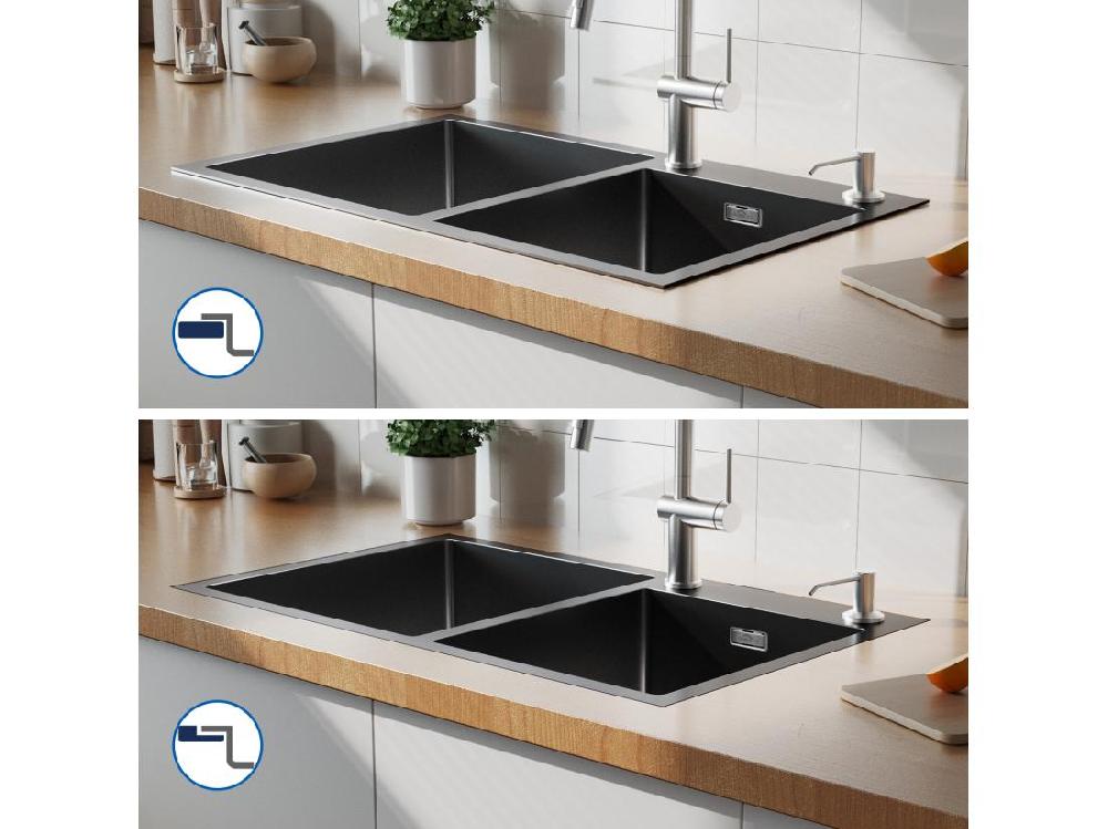 Vente Unique AuraLum Max Évier à Encastré/à Poser 2 Bacs Avec Distrubuteur De Savon/Ensemble De Drainage Évier 75x45x19cm Inoxydable Pour Cuisine Noir EU Modèle