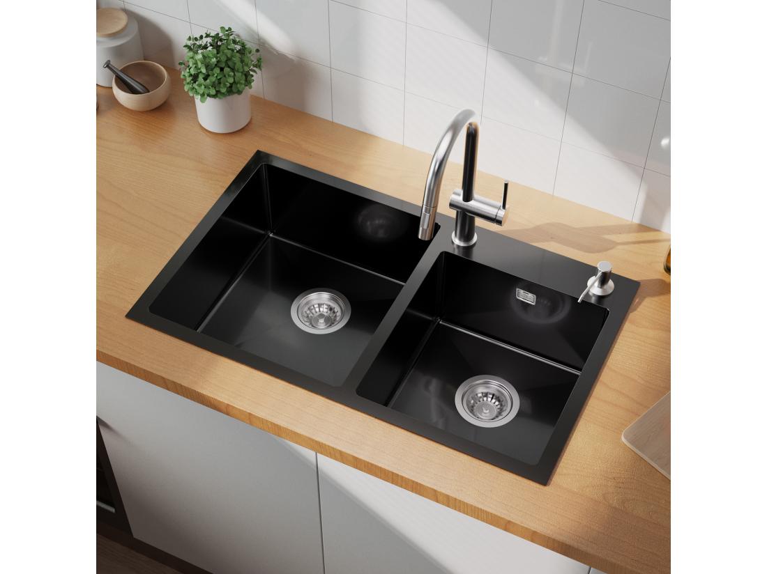 vente unique AuraLum Max Évier à Encastré/à Poser 2 Bacs avec Distrubuteur de savon/Ensemble de drainage Évier 75x45x19cm Inoxydable pour Cuisine Noir EU Modèle