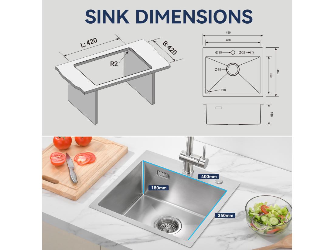 Vente Unique AURALUM MAX Evier Cuisine 1 Bac 45x45CM Évier Inox 1 Cuve Avec Siphon Et Trop-Plein Évier Encastré Et à Poser Évier Avec Trou De Montage Pour Robinet