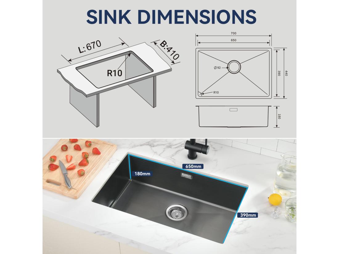 Vente Unique AuraLum Max Évier Cuisine 1 Bac 70*44*19CM Évier Montage à Encastrer à Fleur/Sous-Plan Acier Inox 304 Évier Avec Siphon/Trop-Plein Noir EU Modèle