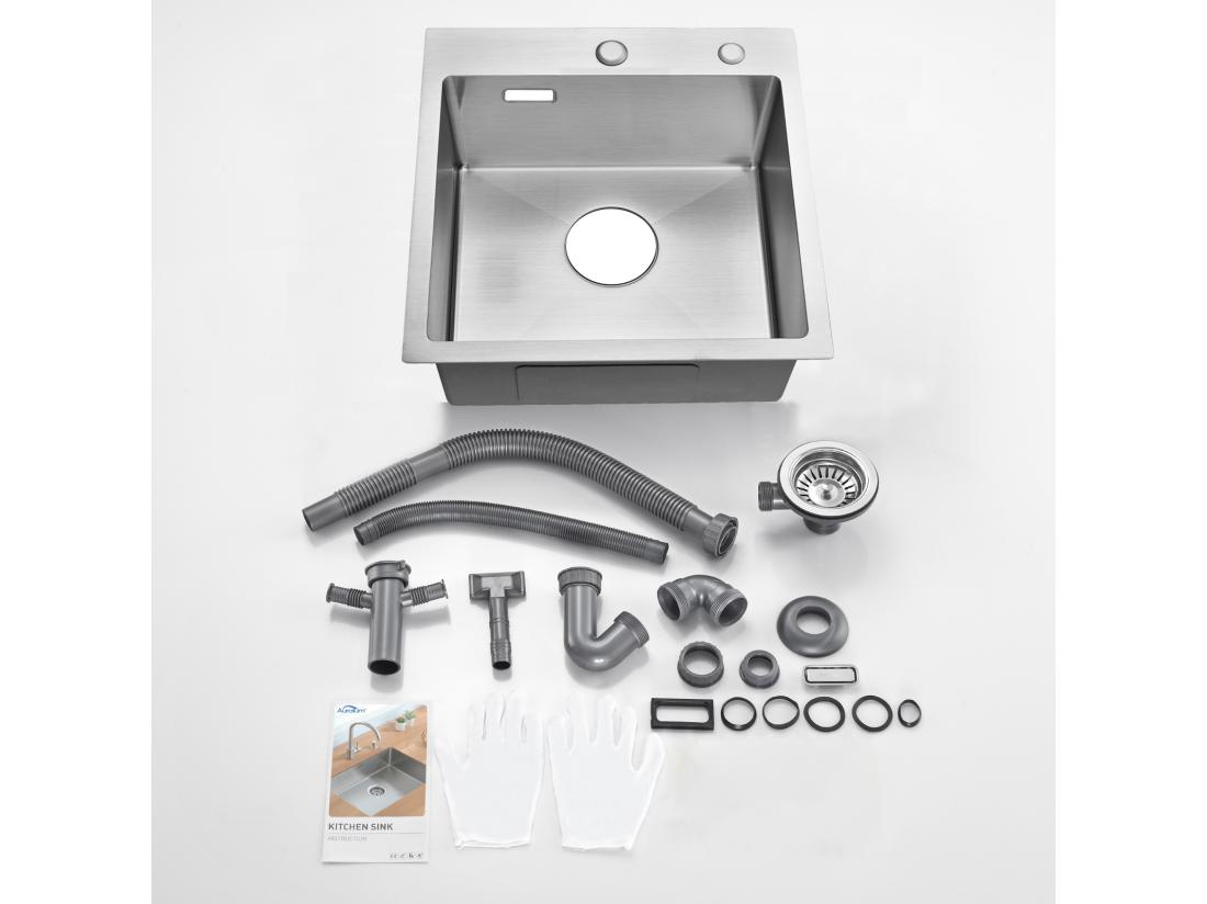 Vente Unique AuraLum Max Évier Cuisine 1 Bac En Acier Inoxydable 304 Brossé 45x45CM Évier Encastré Et à Poser Évier Avec Trou De Montage Pour Robinet EU Modèle