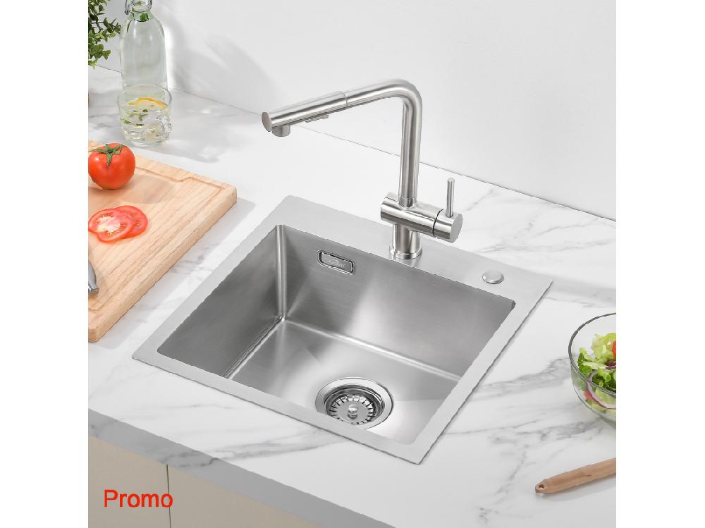 Vente Unique AuraLum Max Évier Cuisine 1 Bac En Acier Inoxydable 304 Brossé 45x45CM Évier Encastré Et à Poser Évier Avec Trou De Montage Pour Robinet EU Modèle