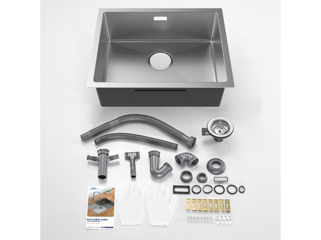 Vente Unique AURALUM MAX Evier Cuisine-Evier Cuisine 1 Bac Inox 55*44*19CM- Evier Solide & Facile à Nettoyer Pour Installation à Encastrer à Fleur Ou Sous-Plan
