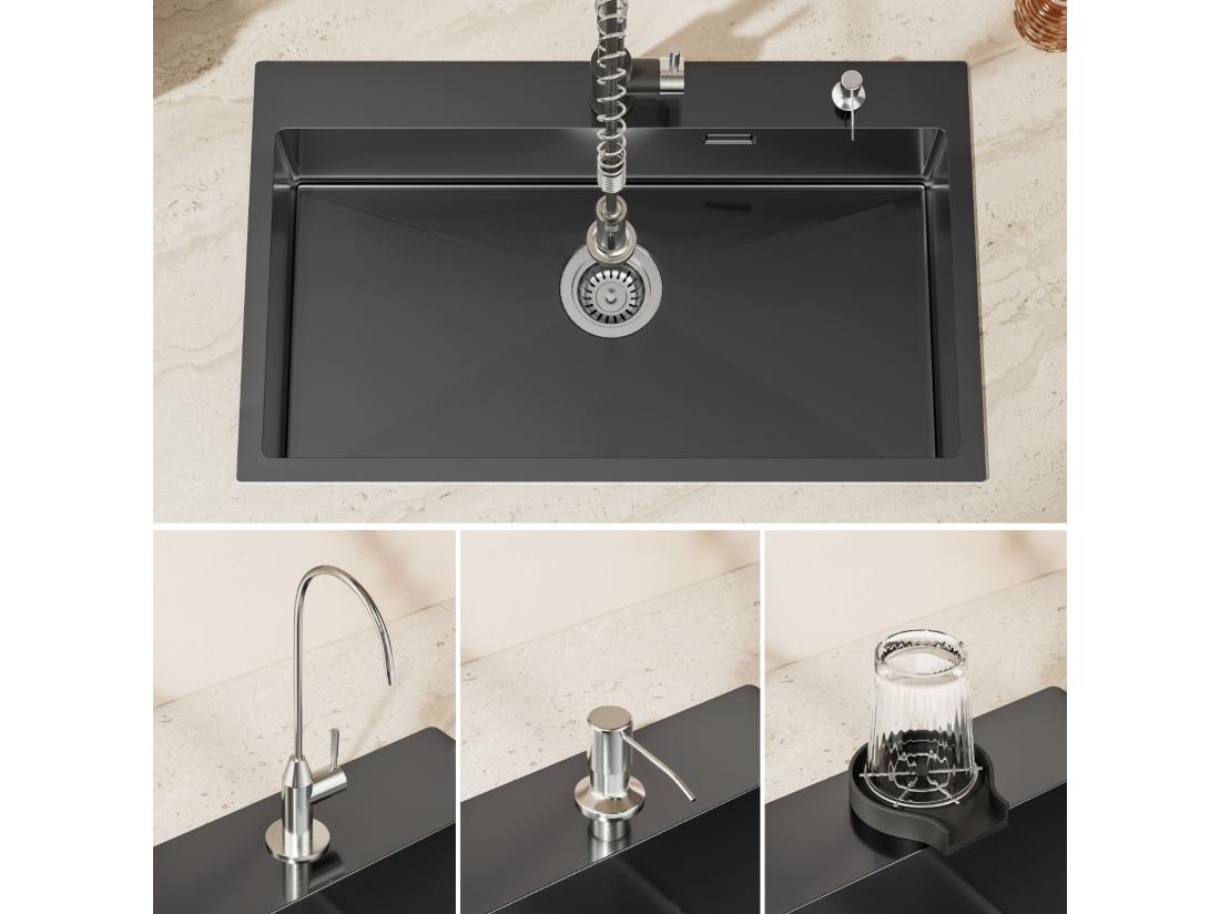 Vente Unique Auralum MAX Évier De Cuisine 1 Bac Evier Cuisine 75 X 45 Cm Évier Inox Noir Avec Égouttoir Pliable Lavabo Cuisine Montage Encastré Ou Supérieur