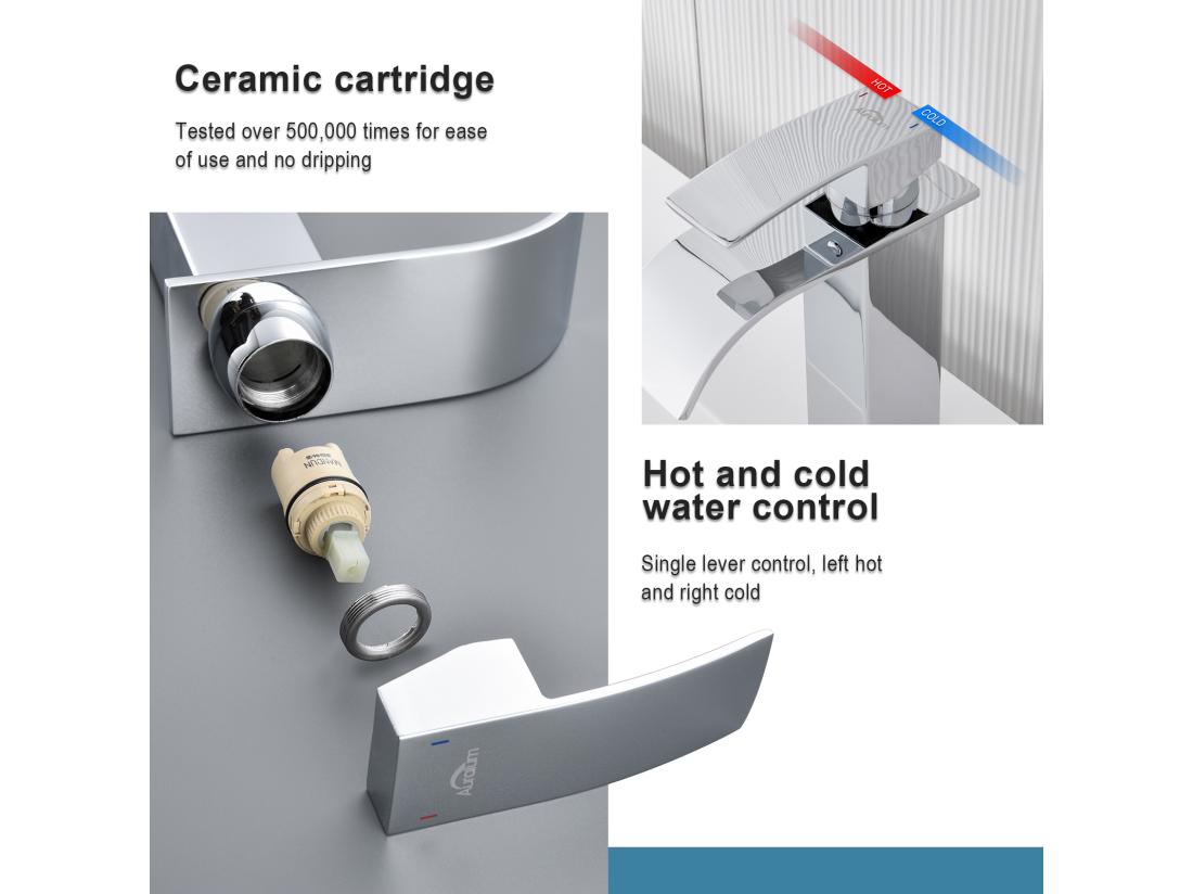 Vente Unique Auralum Max Robinet Salle Bain Cascade Lavabo Salle De Bains En Acier Inoxydable 304 Avec Cartouche En Céramique L'eau Chaude/Froide Chromé