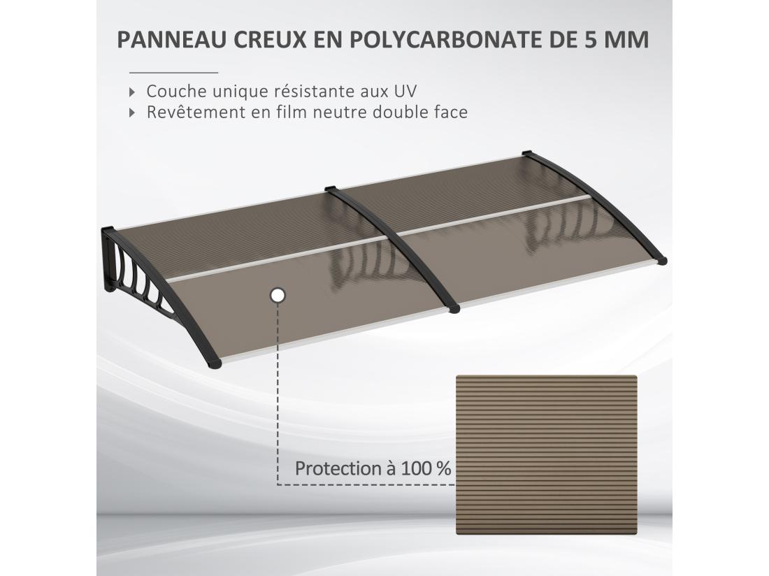 Vente Unique Auvent Marquise De Porte Design Voûté Arrondi Dim. 200L X 96l X 27H Cm Polycarbonate Fumé Brun PP Noir