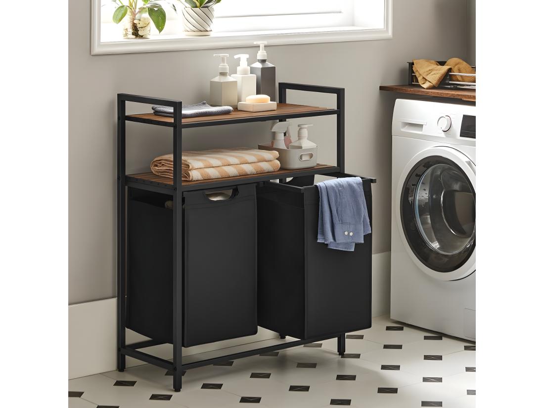 Vente Unique Bac à Linge Avec 2 Compartiments De 46L Et 2 étagères
