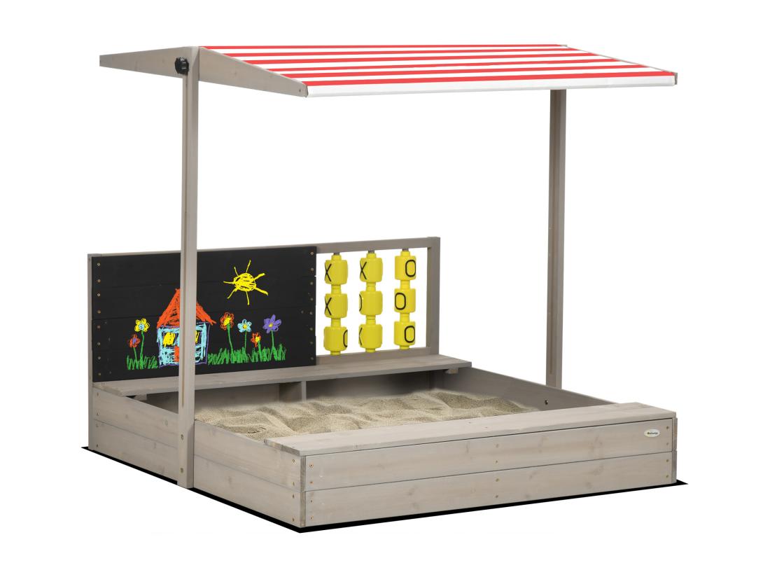 Vente Unique Bac à Sable Bois Carré Dim. 1 18L X 1 13l X 1 10H M - Hauteur Inclinaison Toit Réglable Refermable - Tableau Jeu - Bois Sapin Gris
