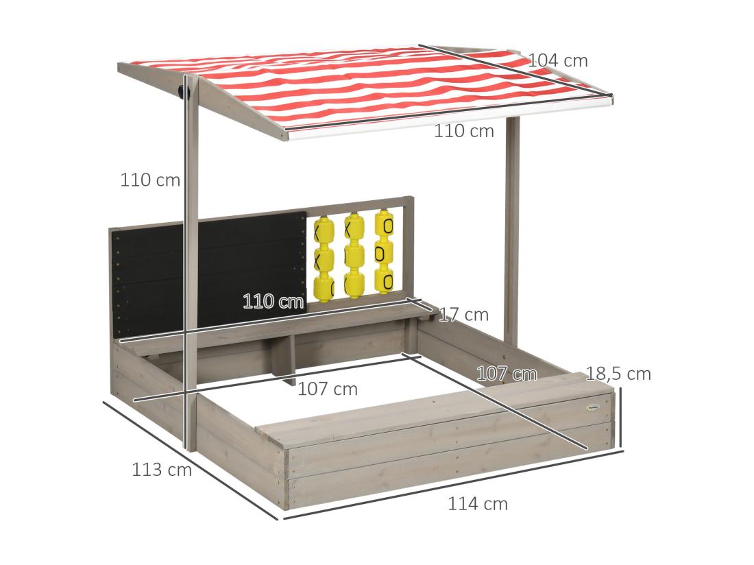 Vente Unique Bac à Sable Bois Carré Dim. 1 18L X 1 13l X 1 10H M - Hauteur Inclinaison Toit Réglable Refermable - Tableau Jeu - Bois Sapin Gris