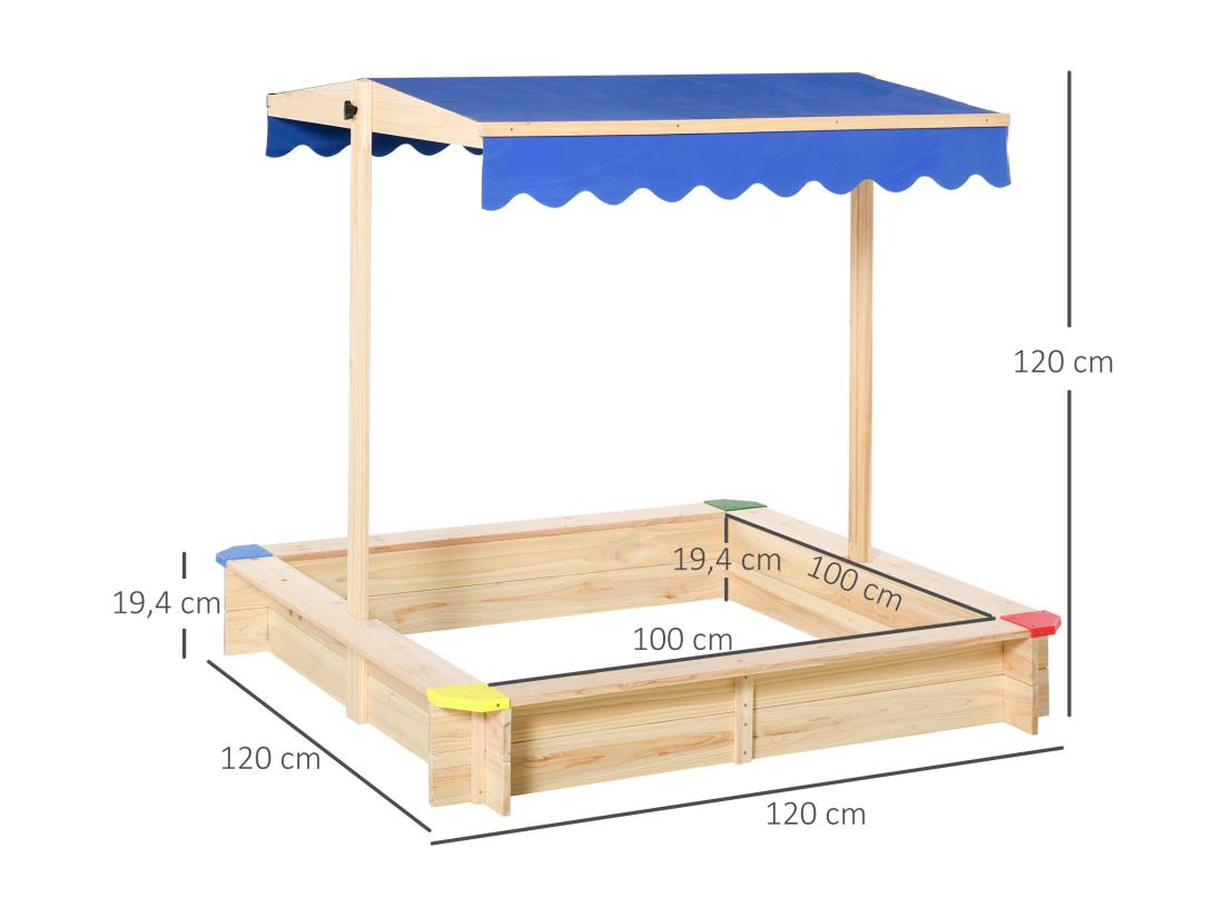 Vente Unique Bac à Sable Bois Carré Dim. 1 2L X 1 2l X 1 2H M - Hauteur Et Inclinaison Toit Réglables - Bois Naturel De Pin