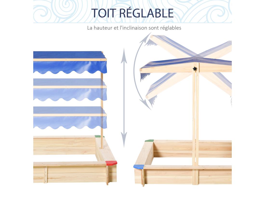 Vente Unique Bac à Sable Bois Carré Dim. 1 2L X 1 2l X 1 2H M - Hauteur Et Inclinaison Toit Réglables - Bois Naturel De Pin