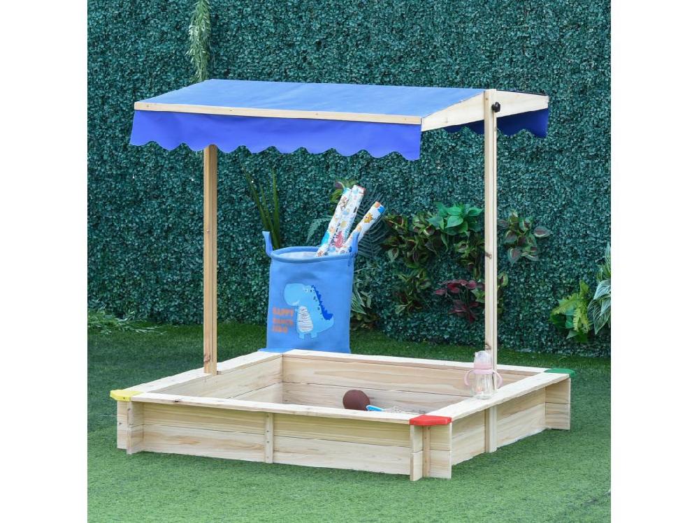 vente unique Bac à sable bois carré dim. 1 2L x 1 2l x 1 2H m - hauteur et inclinaison toit réglables - bois naturel de pin