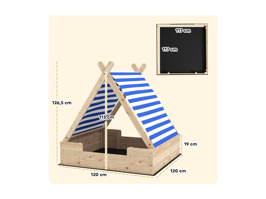 Vente Unique Bac à Sable En Bois Avec Toit Refermable Et Doublure Dim. 120 X 120 X 126 5 Cm Bois Sapin