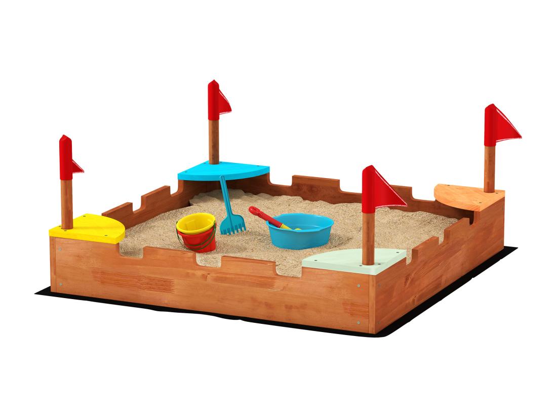 Vente Unique Bac à Sable En Bois Design Muraille - 4 Drapeaux Et Sièges Doublure - Dim. 90 X 90 X 17 Cm - Bois Sapin Pré-huilé