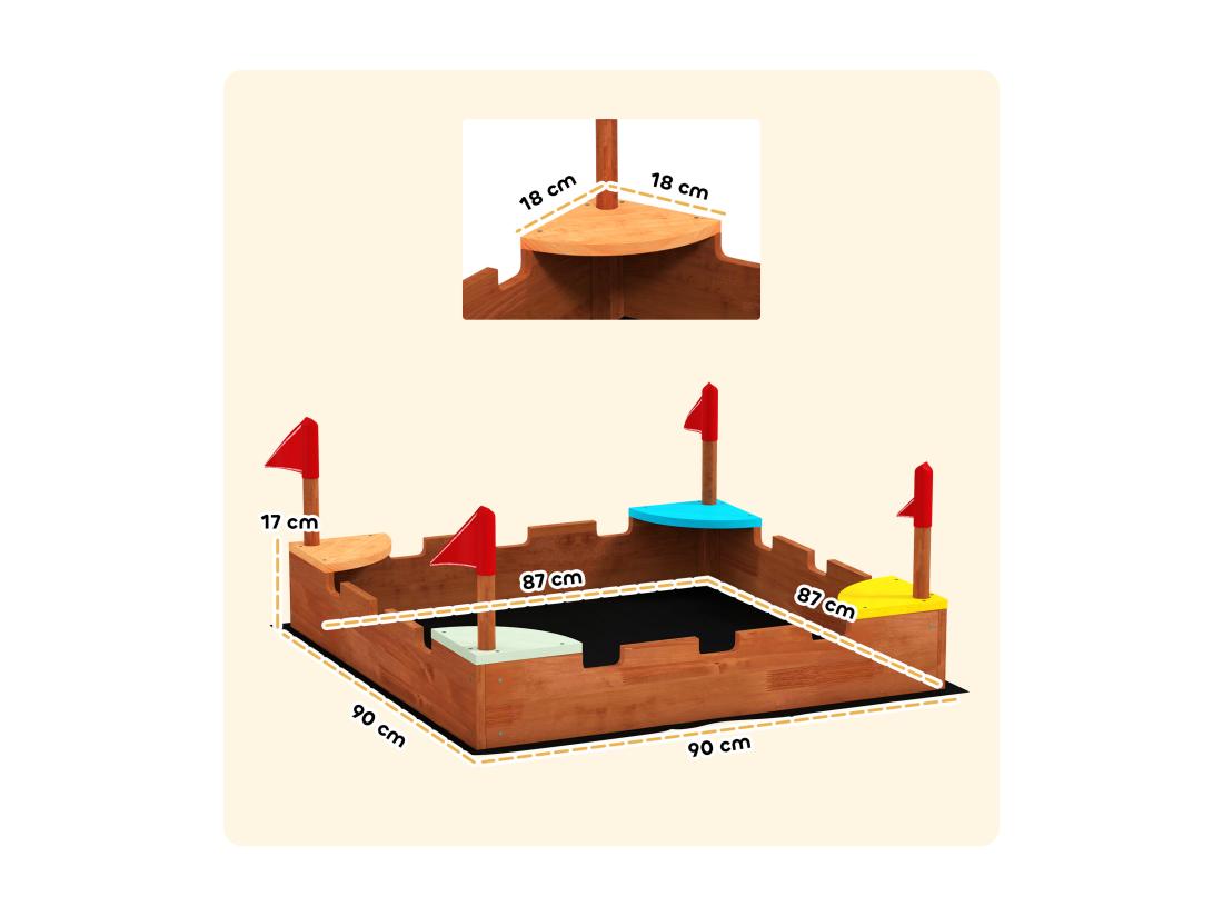 Vente Unique Bac à Sable En Bois Design Muraille - 4 Drapeaux Et Sièges Doublure - Dim. 90 X 90 X 17 Cm - Bois Sapin Pré-huilé
