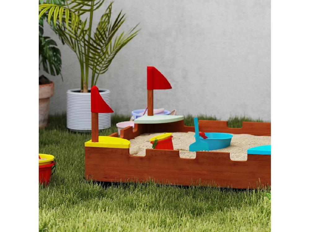 Vente Unique Bac à Sable En Bois Design Muraille - 4 Drapeaux Et Sièges Doublure - Dim. 90 X 90 X 17 Cm - Bois Sapin Pré-huilé