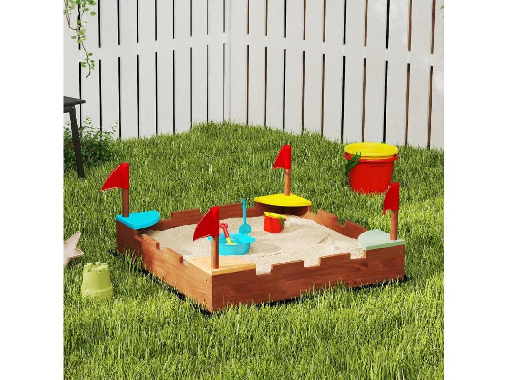 Vente Unique Bac à Sable En Bois Design Muraille - 4 Drapeaux Et Sièges Doublure - Dim. 90 X 90 X 17 Cm - Bois Sapin Pré-huilé