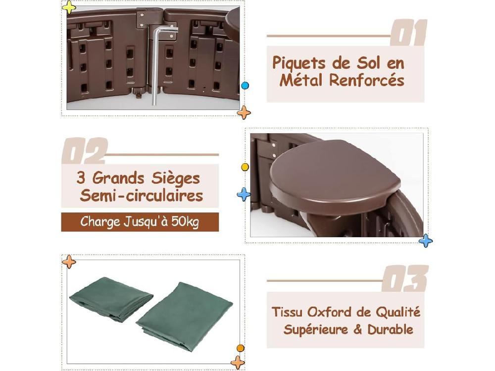 Vente Unique Bac à Sable Enfant Rond 120x120x21 Cm En Plastique Avec Couvercle Etanche Bâche Intégrée Sièges Doublure Inférieure Marron