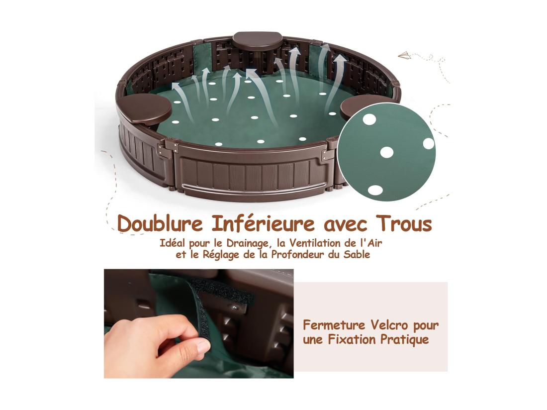vente unique Bac à Sable Enfant Rond 120x120x21 cm en Plastique avec Couvercle Etanche Bâche Intégrée Sièges Doublure Inférieure Marron