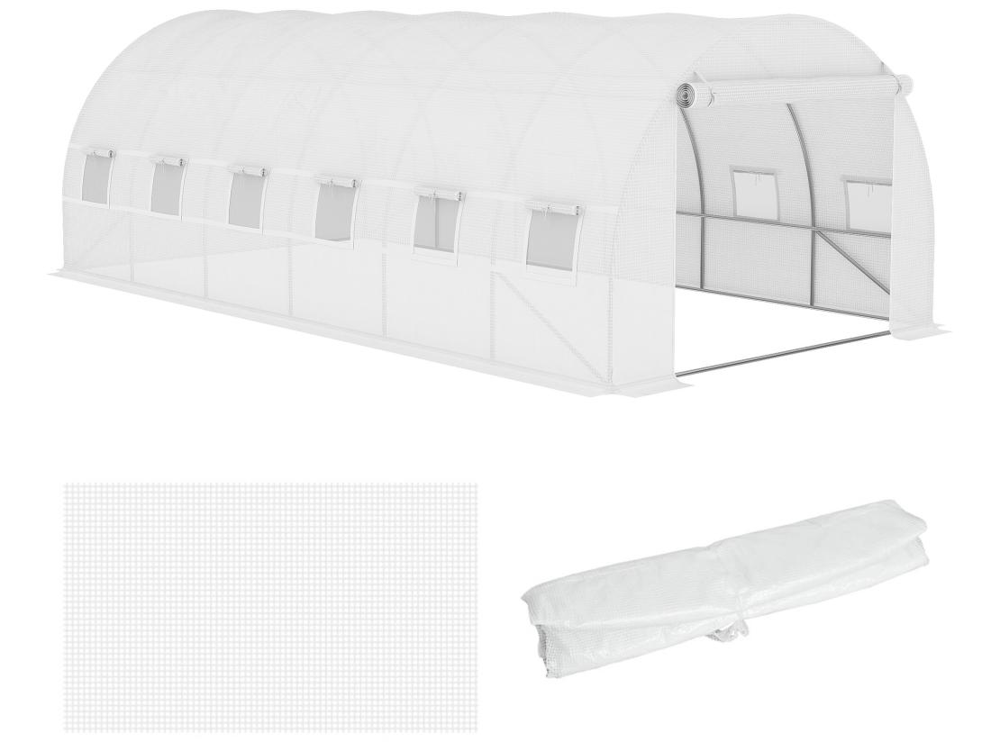 Vente Unique Bâche De Rechange Serre Tunnel 18 M² Bâche Dim. 6L X 3l X 2H M PE Anti-UV Imperméable 12 Fenêtres + Porte Enroulable Zippée Blanc