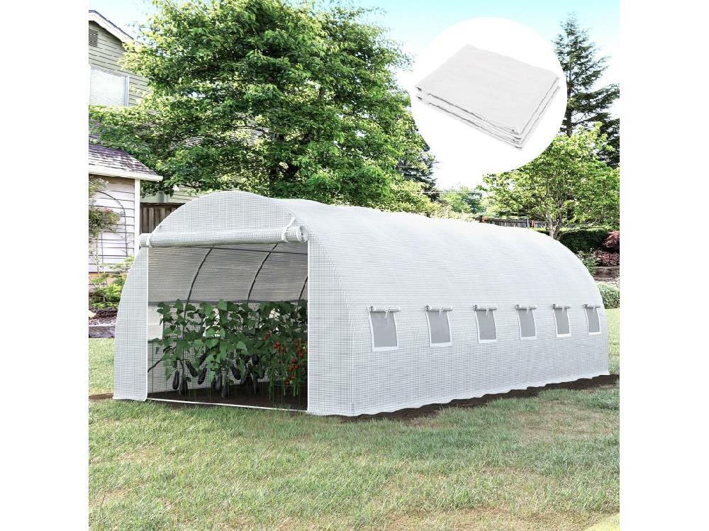 Vente Unique Bâche De Rechange Serre Tunnel 18 M² Bâche Dim. 6L X 3l X 2H M PE Anti-UV Imperméable 12 Fenêtres + Porte Enroulable Zippée Blanc