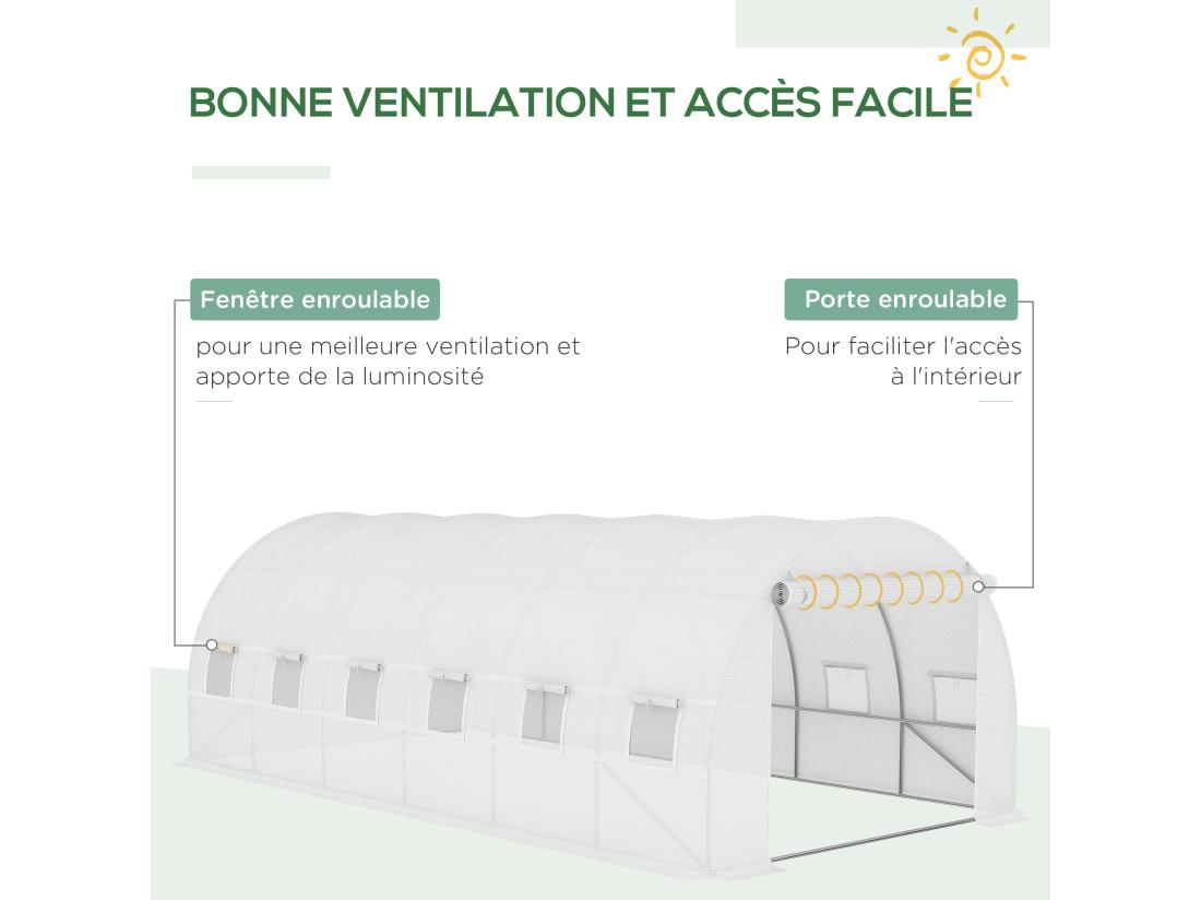 Vente Unique Bâche De Rechange Serre Tunnel 18 M² Bâche Dim. 6L X 3l X 2H M PE Anti-UV Imperméable 12 Fenêtres + Porte Enroulable Zippée Blanc