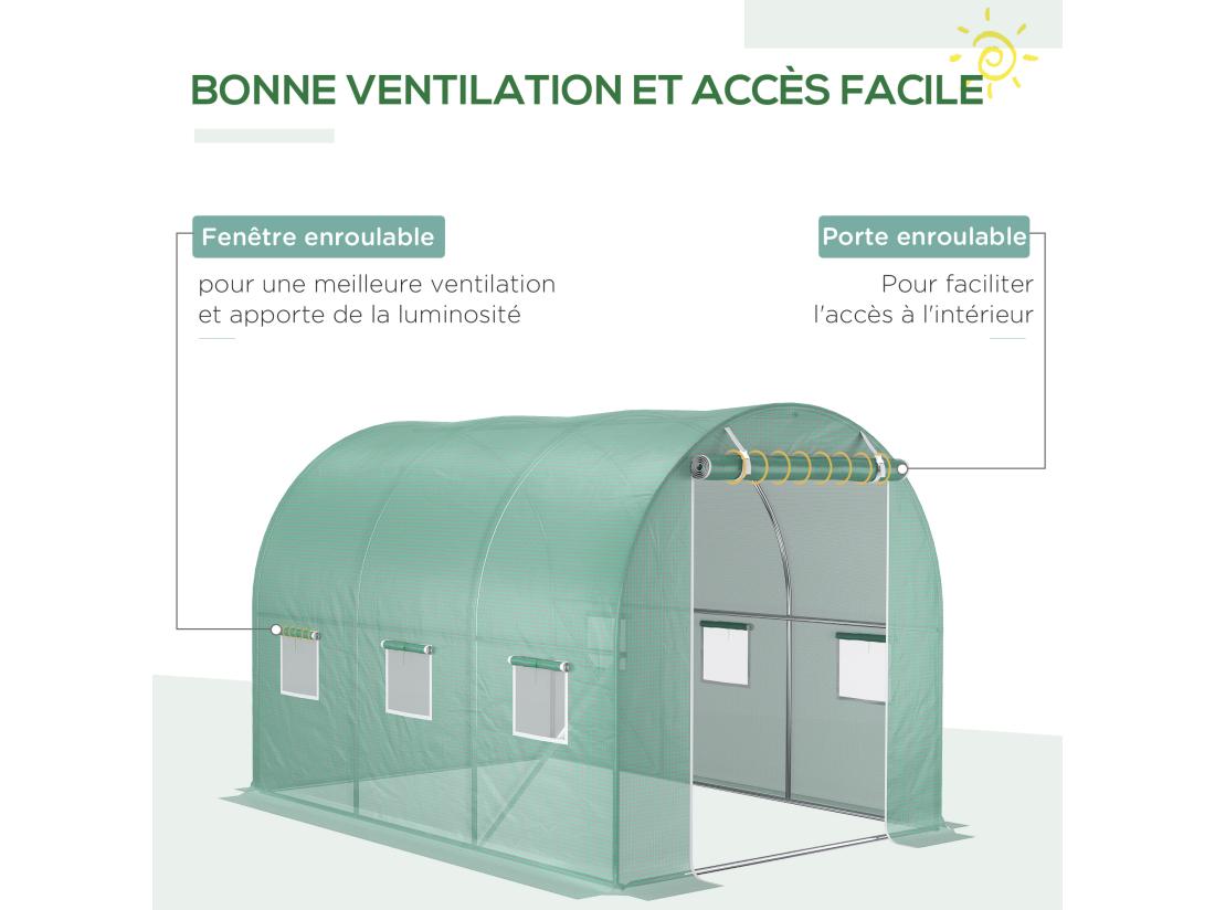 Vente Unique Bâche De Rechange Serre Tunnel 6 M² Bâche Dim. 3L X 2l X 2H M PE Anti-UV Imperméable 6 Fenêtres + Porte Enroulable Zippée Vert