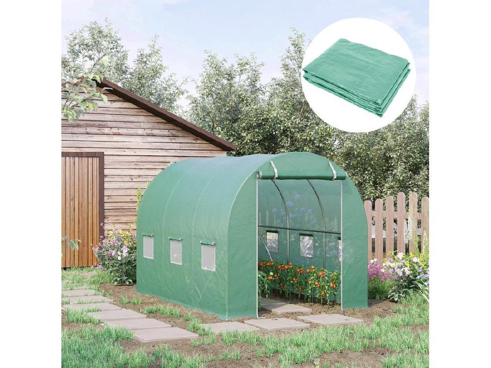 Vente Unique Bâche De Rechange Serre Tunnel 6 M² Bâche Dim. 3L X 2l X 2H M PE Anti-UV Imperméable 6 Fenêtres + Porte Enroulable Zippée Vert