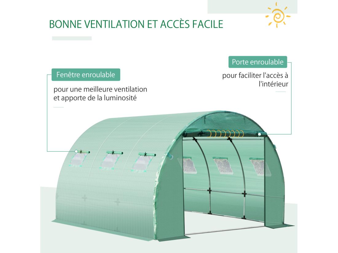 Vente Unique Bâche De Rechange Serre Tunnel 9 M² Bâche Dim. 3L X 3l X 2H M PE Anti-UV Imperméable 6 Fenêtres + Porte Enroulable Zippée Vert