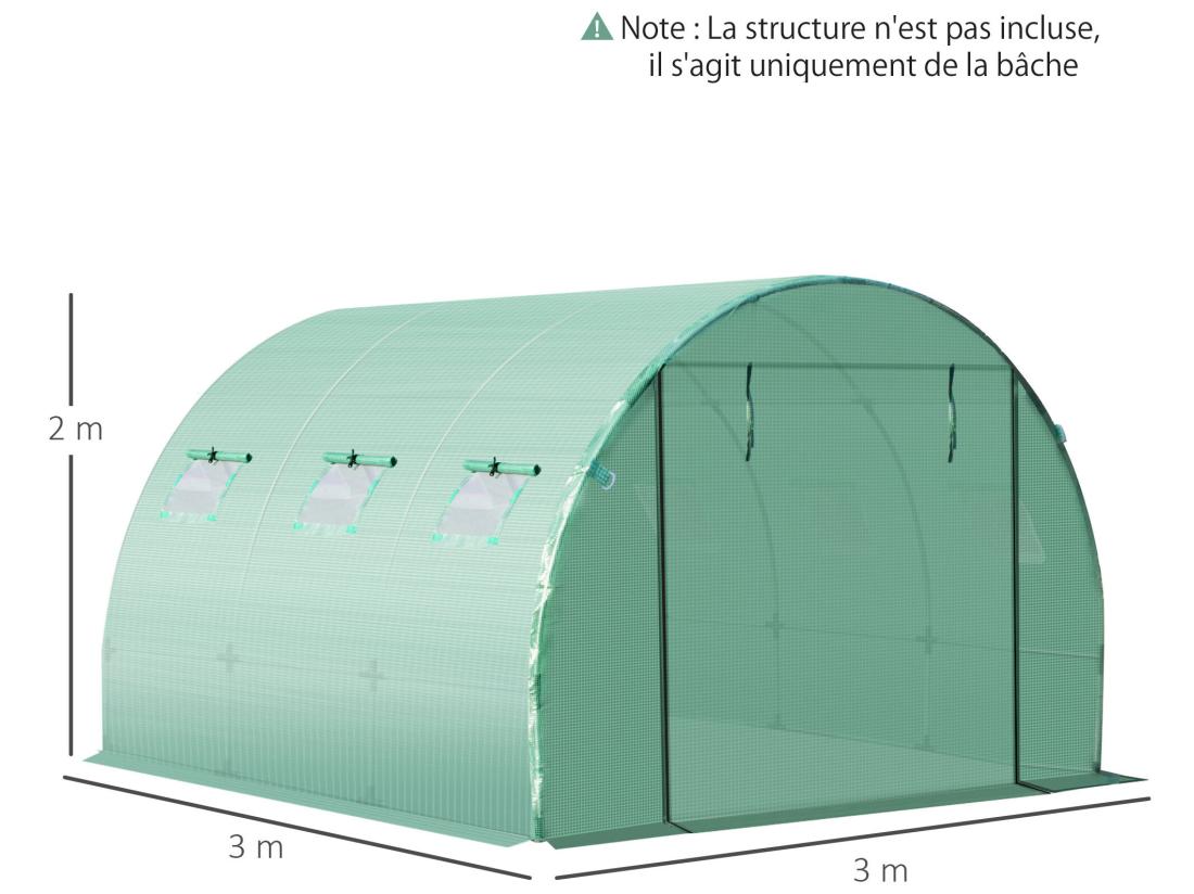 Vente Unique Bâche De Rechange Serre Tunnel 9 M² Bâche Dim. 3L X 3l X 2H M PE Anti-UV Imperméable 6 Fenêtres + Porte Enroulable Zippée Vert